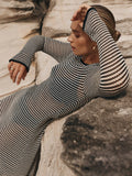DERMEARNE Women Sexy Striped Knitted Cotton Hollow Out Long-sleeved Dresses See Through Cover-ups Beach Vacation Wrap Buttock Vestidos