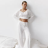 Dermearne Women Sleepwear Sexy White Fashionable Long Sleeved Pants and Pajamas Two-piece Wholesale Women's Home Clothing Pijama