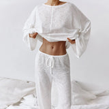 Dermearne Women Sleepwear Sexy White Fashionable Long Sleeved Pants and Pajamas Two-piece Wholesale Women's Home Clothing Pijama