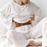 Dermearne Women Sleepwear Sexy White Fashionable Long Sleeved Pants and Pajamas Two-piece Wholesale Women's Home Clothing Pijama