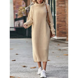 Dermearne Women Solid Color Loose High Collar A Long Sweater 2024 Autumn Winter New Dress Sweater Women Long Sleeve Knitted Dress Sweater