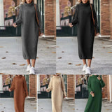 Dermearne Women Solid Color Loose High Collar A Long Sweater 2024 Autumn Winter New Dress Sweater Women Long Sleeve Knitted Dress Sweater