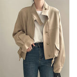DERMEARNE Women Spring Autumn 2024 New Popular high-end Jacket Casual Windbreaker Standing Collar Short Jacket Hem Drawstring Trench Coat