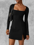 Dermearne Women Spring Summer Solid Color Casual Basic Long Sleeve Square Neck High Split Hem Party Short Mini A-Line Dress