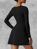 Dermearne Women Spring Summer Solid Color Casual Basic Long Sleeve Square Neck High Split Hem Party Short Mini A-Line Dress