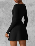 Dermearne Women Spring Summer Solid Color Casual Basic Long Sleeve Square Neck High Split Hem Party Short Mini A-Line Dress