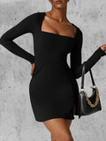 Dermearne Women Spring Summer Solid Color Casual Basic Long Sleeve Square Neck High Split Hem Party Short Mini A-Line Dress