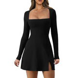 Dermearne Women Spring Summer Solid Color Casual Basic Long Sleeve Square Neck High Split Hem Party Short Mini A-Line Dress