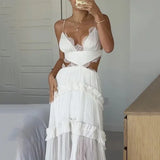 DERMEARNE Women Sundress Hollow Out Lace Splice A Line Beach Dresses V Neck Leaky Waist Folds Gown Elegant Long Vestidos Sleeveless