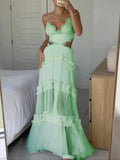 DERMEARNE Women Sundress Hollow Out Lace Splice A Line Beach Dresses V Neck Leaky Waist Folds Gown Elegant Long Vestidos Sleeveless