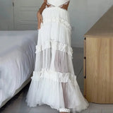 DERMEARNE Women Sundress Hollow Out Lace Splice A Line Beach Dresses V Neck Leaky Waist Folds Gown Elegant Long Vestidos Sleeveless