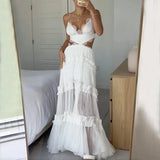 DERMEARNE Women Sundress Hollow Out Lace Splice A Line Beach Dresses V Neck Leaky Waist Folds Gown Elegant Long Vestidos Sleeveless
