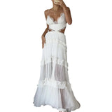 DERMEARNE Women Sundress Hollow Out Lace Splice A Line Beach Dresses V Neck Leaky Waist Folds Gown Elegant Long Vestidos Sleeveless