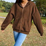 DERMEARNE Women Sweatshirt Jacket Winter Clothes Female Zip Up Oversize Hoodies Casual Loose Black Brown Hoodie Vintage Fleece Pullover