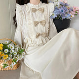 DERMEARNE Women Vintage Ruffle Lace Patchwork Bow Kawaii Sweet Lolita Dresses Autumn Female Y2K Harajuku Long Sleeve Chic Fairy Midi Dress