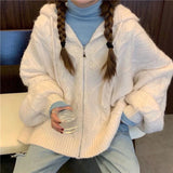 DERMEARNE Women Vintage Street Hooded Cardigan Knitted Twist Sweater Female Casual Autumn Zipper Solid Loose Pocket Long Sleeve Outerwear