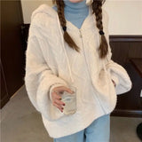 DERMEARNE Women Vintage Street Hooded Cardigan Knitted Twist Sweater Female Casual Autumn Zipper Solid Loose Pocket Long Sleeve Outerwear