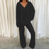 DERMEARNE Women Winter Comfort Solid Pajamas Set V-Neck Casual Daily Home Warm Top+Long Pants Two Piece Set Warm Sleepwear Pijama S-3XL