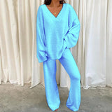 DERMEARNE Women Winter Comfort Solid Pajamas Set V-Neck Casual Daily Home Warm Top+Long Pants Two Piece Set Warm Sleepwear Pijama S-3XL