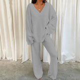 DERMEARNE Women Winter Comfort Solid Pajamas Set V-Neck Casual Daily Home Warm Top+Long Pants Two Piece Set Warm Sleepwear Pijama S-3XL