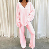 DERMEARNE Women Winter Comfort Solid Pajamas Set V-Neck Casual Daily Home Warm Top+Long Pants Two Piece Set Warm Sleepwear Pijama S-3XL