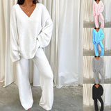 DERMEARNE Women Winter Comfort Solid Pajamas Set V-Neck Casual Daily Home Warm Top+Long Pants Two Piece Set Warm Sleepwear Pijama S-3XL