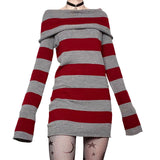 DERMEARNE Women Y2K Knit Mini Dress Striped Long Sleeve Off Shoulder Bodycon Short Sweater Dress Trendy Night Club Streetwear