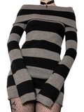 DERMEARNE Women Y2K Knit Mini Dress Striped Long Sleeve Off Shoulder Bodycon Short Sweater Dress Trendy Night Club Streetwear