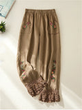 DERMEARNE Women's Cotton Linen Pants Female Elastic Waist Floral Embroidery Traditional Folk Lace Patchwork Ankle Length Casual Trousers