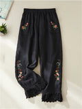 DERMEARNE Women's Cotton Linen Pants Female Elastic Waist Floral Embroidery Traditional Folk Lace Patchwork Ankle Length Casual Trousers