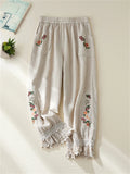 DERMEARNE Women's Cotton Linen Pants Female Elastic Waist Floral Embroidery Traditional Folk Lace Patchwork Ankle Length Casual Trousers