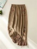 DERMEARNE Women's Cotton Linen Pants Female Elastic Waist Floral Embroidery Traditional Folk Lace Patchwork Ankle Length Casual Trousers