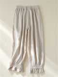 DERMEARNE Women's Cotton Linen Pants Female Elastic Waist Floral Embroidery Traditional Folk Lace Patchwork Ankle Length Casual Trousers