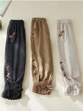 DERMEARNE Women's Cotton Linen Pants Female Elastic Waist Floral Embroidery Traditional Folk Lace Patchwork Ankle Length Casual Trousers
