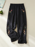 DERMEARNE Women's Cotton Linen Pants Female Elastic Waist Floral Embroidery Traditional Folk Lace Patchwork Ankle Length Casual Trousers