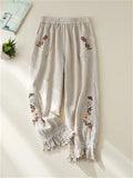 DERMEARNE Women's Cotton Linen Pants Female Elastic Waist Floral Embroidery Traditional Folk Lace Patchwork Ankle Length Casual Trousers