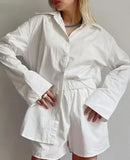 DERMEARNE Women's Pajamas Set Home Clothes Sleepwear Loung Wear Stripe Long Sleeve Shirt Tops and Loose High Waisted Mini Shorts Pijama