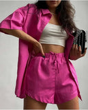 DERMEARNE Women's Pajamas Set Home Clothes Sleepwear Loung Wear Stripe Long Sleeve Shirt Tops and Loose High Waisted Mini Shorts Pijama