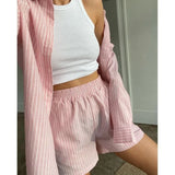 DERMEARNE Women's Pajamas Set Home Clothes Sleepwear Loung Wear Stripe Long Sleeve Shirt Tops and Loose High Waisted Mini Shorts Pijama
