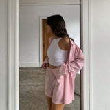 DERMEARNE Women's Pajamas Set Home Clothes Sleepwear Loung Wear Stripe Long Sleeve Shirt Tops and Loose High Waisted Mini Shorts Pijama