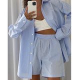 DERMEARNE Women's Pajamas Set Home Clothes Sleepwear Loung Wear Stripe Long Sleeve Shirt Tops and Loose High Waisted Mini Shorts Pijama