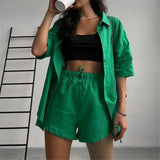 DERMEARNE Women's Pajamas Set Home Clothes Sleepwear Loung Wear Stripe Long Sleeve Shirt Tops and Loose High Waisted Mini Shorts Pijama