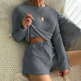 Dermearne Women's Pajamas Sets Waffle Knit Casual Pyjamas Female Pijamas Mujer Homewear Soft Sleepwear Long Sleeve Cami Top Shorts Suit