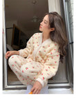 DERMEARNE Women's Pajamas Warm Sweet Winter Flannel Home Clothes Female Cute Soft Sleepwear Set Thicken Lounge Nightwear Pijama Mujer