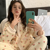 DERMEARNE Women's Pajamas Warm Sweet Winter Flannel Home Clothes Female Cute Soft Sleepwear Set Thicken Lounge Nightwear Pijama Mujer