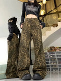 DERMEARNE Women's Retro Jeans Leopard Hip Hop Y2K 2000s Denim Trouser Vintage Casual High Waist Pants High Street Leopard Print Straight