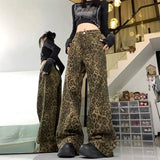 DERMEARNE Women's Retro Jeans Leopard Hip Hop Y2K 2000s Denim Trouser Vintage Casual High Waist Pants High Street Leopard Print Straight