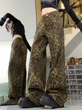 DERMEARNE Women's Retro Jeans Leopard Hip Hop Y2K 2000s Denim Trouser Vintage Casual High Waist Pants High Street Leopard Print Straight