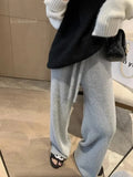 DERMEARNE Women's Soft Mink Wool Knitted Wide-leg Pants Autumn Winter Thick Oversized Loose Floor Length Pants Korean Lace Up Pants