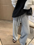 DERMEARNE Women's Soft Mink Wool Knitted Wide-leg Pants Autumn Winter Thick Oversized Loose Floor Length Pants Korean Lace Up Pants